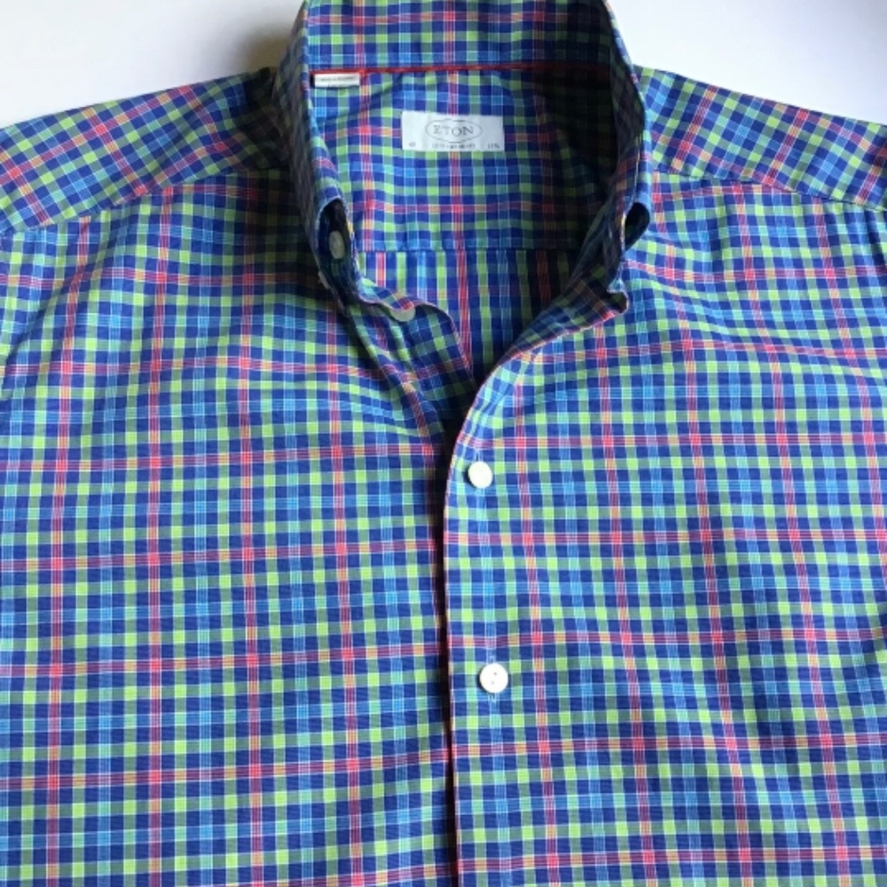 ETON contemporary colourful checkered cotton shirt Sz 15 3/4 made in Europe